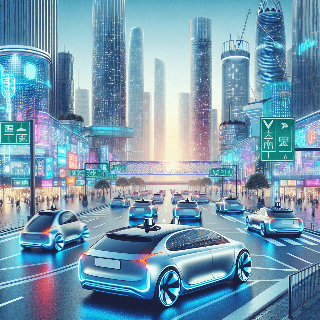 Self-driving cars in a modern urban cityscape